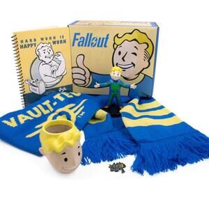 FALLOUT COLLECTOR BOX 5 PIECES VAULT BOY PLANTER, VAULT TEC SCARF, PIN, FIGURINE